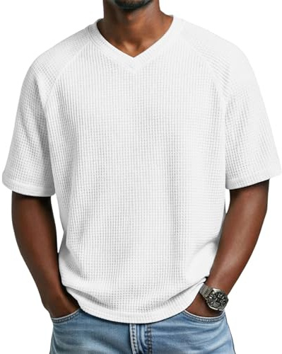 Guhmomh T Shirt Herren Baumwolle Waffelmuster T-Shirt für Männer Einfarbig Kurzarm Sport Hemd Lässig Leicht Tshirt Atmungsaktiv Laufshirt Sommer V Ausschnitt Tops Basic Fitness Gym Sportshirt