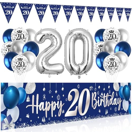 Luftballon 20. Geburtstag Blau Silber, 20. Geburtstag Deko, Banner 20, Happy Birthday Girlande, Konfetti Luftballons, Geburtstagsdeko für 20 Jahre