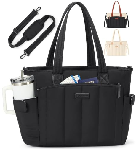 RAINSMORE Laptop Tote Bag for Women, Large Puffer Quilted Work Handbags | with Zip, 15.6 Laptop Compartment, Cup Holder, Shoulder Strap, Large Water Resistant Ladies Shoulder Bag for Work, School