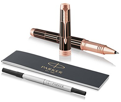 PARKER 1931399 Premier Rollerball Pen, Fine Point Black Ink Refill - Luxury Brown with Pink Gold Trim