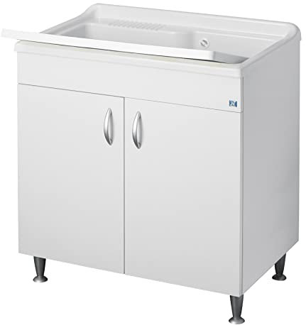Negrari Eco Bianco Lavatoio Misura 80x50 L80 P50 H85 CM Interno Bagno Lavanderia Base Nobilitato Idrofugo Legno Vasca Grande Intera Plastica Asse Piedini Ante Battenti Economico Qualità Medio Alta