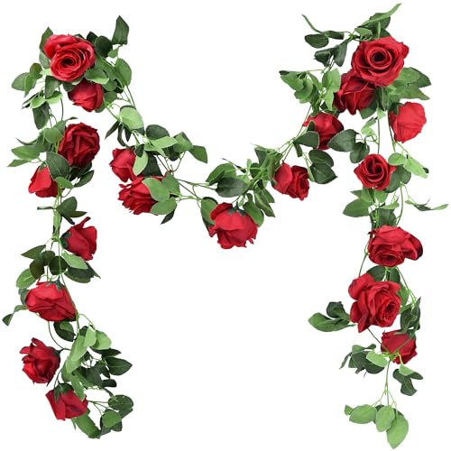 FiveSeasonStuff 2 Red Artificial Flower Garlands, Silk Rose Vine Leaves Hanging Plant Foliage for Home Wedding Garden Trellis Gazebo Party Wall Decoration 4.4 metres (14.4 feet)