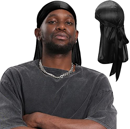 Century Star Satin Seide Kopf Wrap Durag Long Tail Beanies für Männer Frauen Headwraps Cap, 1 x Schwarz, Einheitsgröße