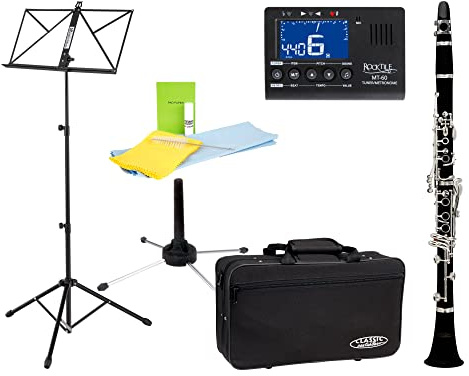 Classic Cantabile CLK-10 Bb-Klarinette Set (hochwertige Bb-Klarinette mit Böhm-Griffweise, 17 Klappen & 5 Ringe, Set mit Clip-Tuner, Noten- & Klarinettenständer, Durchziehwischer, Koffer & Korkfett)