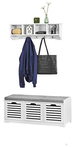 SoBuy® FRG48-L-W FSR23-W Meuble d'Entrée Ensemble de Meubles de Couloir Portemanteau Mural + Banc de Rangement à Chaussure avec Coussin Rembourré