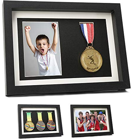 Medal Display Shadow Box – 3 Medaillen-Vitrine – perfekt für Läufer, Marathon, Rennsieger, Fußball, Gymnastik und alle Sportarten (Schwarz, A4)