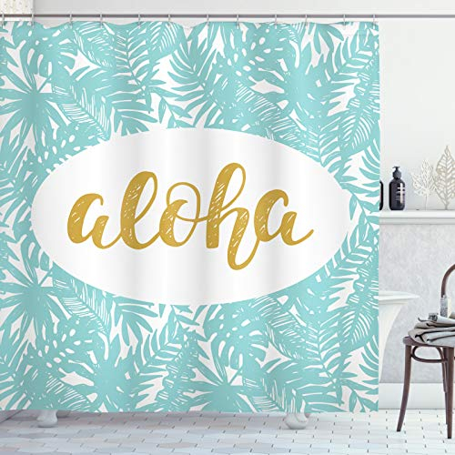 ABAKUHAUS Aloha Duschvorhang, Formulierung mit Palme Blätter, Stoffliches Gewebe Badezimmerdekorationsset mit Haken, 175 x 180 cm, Seafoam Gelb