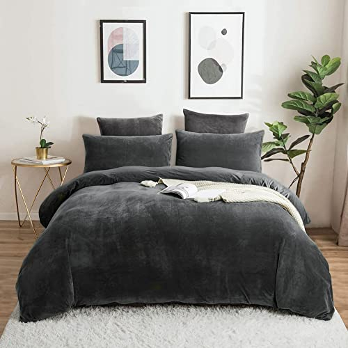 Lanqinglv Grau Bettwäsche 135x200cm Biber Warme Winter Plüsch Deckenbezug Bettbezug mit Reißverschluss und 1 Kissenbezug 80x80cm