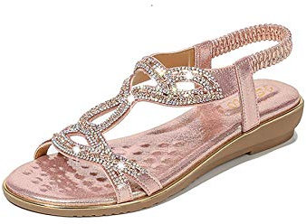 Sandales Femmes Plates-Chaussures Sandales en Cuir PU Nu Pieds Été à Talon Compensé Claquette Plage Semelle -Confortables Bride Cheville Soirée Élégance Strass,Rose,39