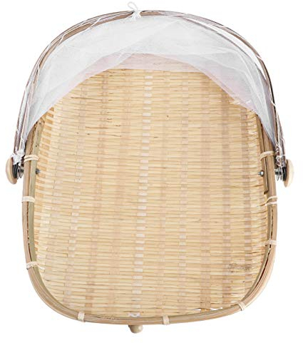 Happyyami Round Bamboo Serving Tent with Lid Covered Vegetable Fruits Meals Basket Tray Hand Woven Round Food Basket