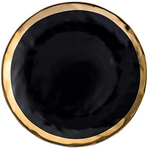 KKGUD Vintage-Keramik-Teller für Steaknudeln, eleganter Teller mit goldfarbenem Rand, Schwarz, 25,4 cm