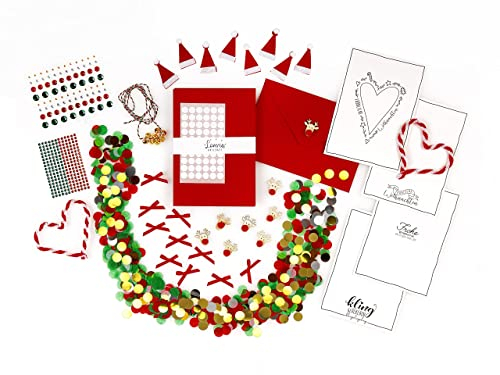 Loveria Weihnachtskarten zum Basteln | 16 Postkarten, 16 rote Umschläge | inkl Satinschleife, Sticker, Glöckchen, Klebedotties und weiterem Bastelzubehör, Kling Glöckchen