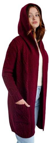 SAOL Cardigan lungo irlandese da donna, in 100% lana merino, vestibilità classica, con cappuccio, vino, S