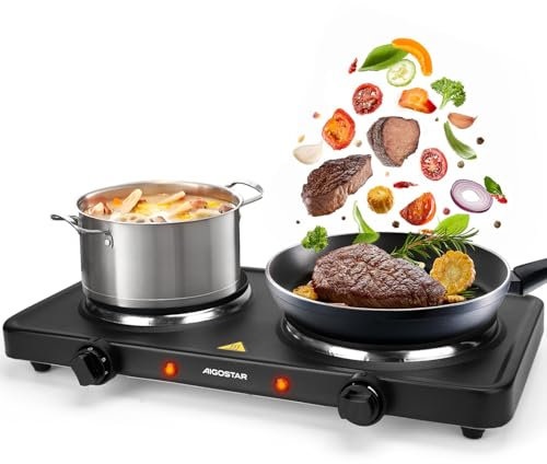 Aigostar Hornillo Electrico de 2500W, Cocina Electrica Portatil, con 2 Quemadores de 185mm y 155mm de Diámetro, Termostato Ajustable de 5 Niveles, Almohadilla Antideslizante, Adecuada Para Acampar