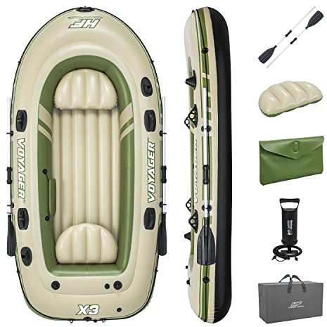 Hydro-Force Voyager X3 aufblasbares Floß-Set, für bis zu 3 Erwachsene, inkl. Boot, Aluminiumruder, Handpumpe, Ausrüstungstasche, Tragetasche, Reparaturflicken