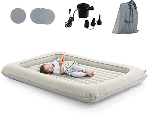 GOPLUS 118 x 165cm Lit Gonflable Enfant, Lit de Voyage Gonflable pour Bébé avec Matelas Amovible,Matélas Gonflable avec Sac de Rangement, avec Pompe Éléctrique pour Vacances