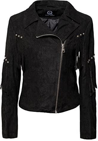 QUEEN HELENA Giacca Scamosciata con Frange Giubbotto Chiodo Corto Borchiato Giacchetta Biker Casual Leggera Donna Y3003 (L, Nero)