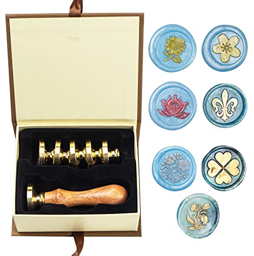 ANBOSE Wachs-Siegel-Stempel-Set mit 7 PCS abnehmbare Messingköpfe und 1 Holzgriff, Sonnenblume drei Blumen Lotus Siegel Wachsstempel für Karten Einladungen, M
