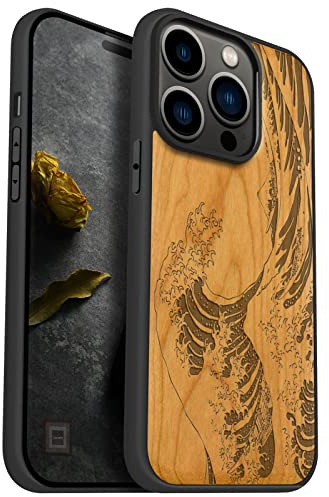 Carveit Holz Cover für iPhone 14 Pro, Kirschholz-Die Welle Kanagawa | Handyhulle kompatibel MagSafe Massivholz für iPhone 14 Pro Handyhülle Stoßstange Weich TPU Case