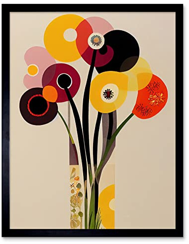 Wee Blue Coo Abstract Retro Spring Summer Flowers Floral Yellow Burgundy Orange Bouquet Vase Art Print Framed Poster Wall Decor 12x16 inch