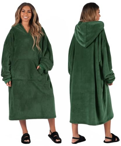 Sienna Extra Long Oversized Blanket Hoodie Wearable Throw with Pockets Sleeves Soft Sherpa Fleece Wearable Throw Giant Sweatshirt, Forest Green