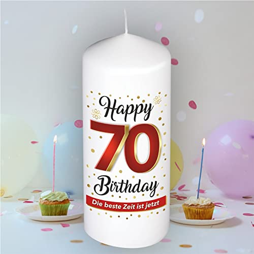 Stumpenkerze - Geburtstagskerze zum 70. Geburtstag, Happy Birthday - Für Dich | Motive auf Tattoofolie | Geschenkfolie und goldener Schleife | Kerze mit Geburtstagszahl Zahl in Geschenkverpackung