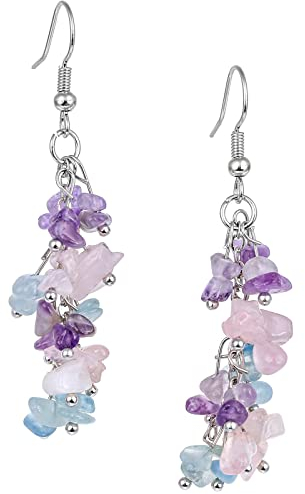 KYEYGWO 3 Farben Stein Heilung Kristall Ohrringe für Damen, Stein Baumeln Haken Ohrrings Trommelsteine Ohrhänger Quarz Edelstein Ohrschmuck Stilvoll Scmuck für Frauen
