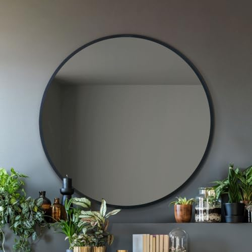 MirrorOutlet The Fenestra Wandspiegel, rund, mit schwarzem Rand, 100 x 100 cm, silberfarbenes Spiegelglas mit schwarzem Metallrahmen