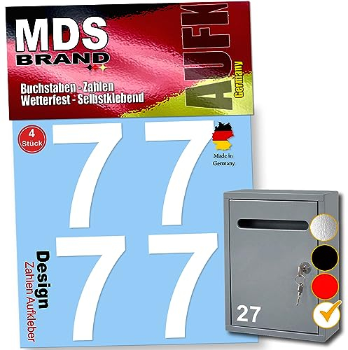 MDS Brand 5cm Design Zahlen Aufkleber Selbstklebende Klebezahlen | Vinyl Hausnummern zum Aufkleben für Briefkasten, Mülltonnen, Hausnummer für Außen & Innen (Weiss, 7)