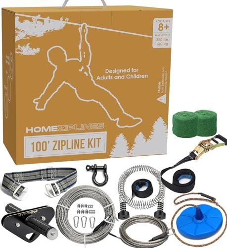 HomeZiplines Zip Line for Kids and Adults Up to 350 Lbs - 100/150/200 Ft - Quick Setup Zipline for Backyard - 100% Rustproof With Safety Harness - Zipline Kit