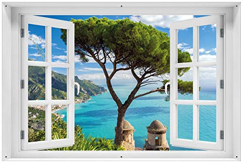 Wallario Outdoor-Poster für Garten oder Balkon Italienische Küste, Motivbanner Größe: ca. 60 x 90 cm mit Fenster-Illusion