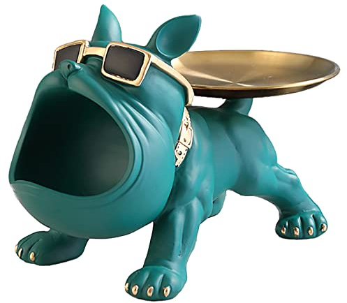 KOOMAL Cool Bulldog Sculpture, Resin French Bulldog Statue with Stainless Steel Tray, Coins Piggy Bank Storage Animal Dog Sculpture Desktop Ornament (Green)