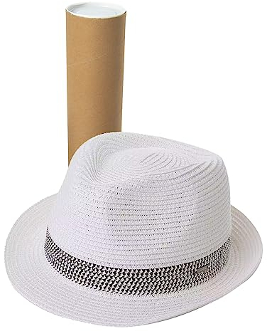 Comhats Stroh Trilby Hut für Herren und Damen - Sommerhut mit UV-Schutz - Fedora Stil - Natur Strohhut - Strandhut für Männer - Sommerhut Rollendes Falten mit Reisehülle Weiß XL