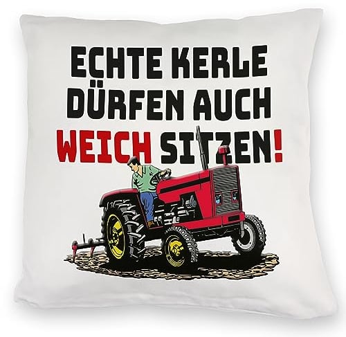 Traktor Kuschelkissen mit Spruch Echte Kerle dürfen auch weich sitzen! EIN besonderes DekoKuschelkissen um das Wohnzimmer zu verschönern als Überraschung für Männer und Kerle