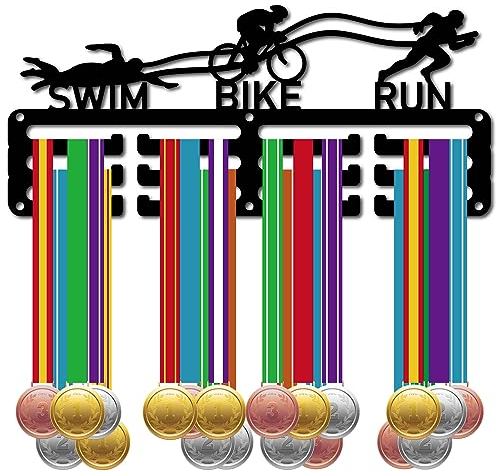 CREATCABIN Porta Medaglie da Triathlon Appendiabiti per Medaglie Espositore Nuoto Bici Corsa Sport Premi da Appendere in Metallo Ferro Supporto Piccolo Decorazione Premi per Badge da Parete 29x12.6cm