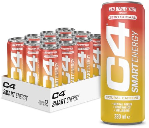 C4 Smart Energy Drinks Red Berry Yuzu 330ml (12 pack) | Sugar Free Energy Drink with 106mg Natural Caffeine, Brainberry, Nootropics, Vitamin C | Natural Energy Drink for Mental Focus On the Go