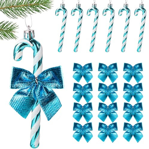 18pcs Christmas Decorations Candy Canes Light Blue White and Small Bows for Blue Christmas Tree Decorations Hanging Ornaments (Light Blue)