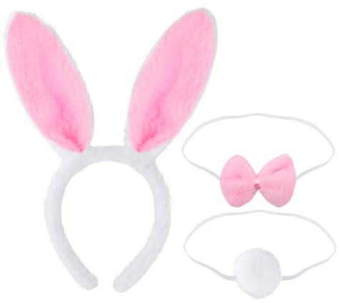 Lot de 3 Bandeaux à Oreilles de Lapin en Peluche - avec Oreilles de Lapin de Pâques Blanc et Rose NœUd Papillon et Queue Accessoires de Coiffure pour Enfants et Femmes,Deguisement Fête Décoration
