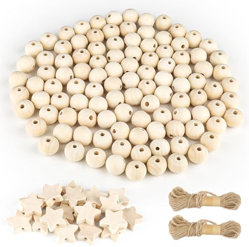 lahnao 100 Stück Holzkugeln mit Loch 20mm und 20 Stück Holzsterne, Natur Holzperlen Zum Auffädeln, Große Holzperlen, Holzkugeln Zum Basteln, Holzperlen für Armbänder, Holzperlen Set für DIY Handwerk