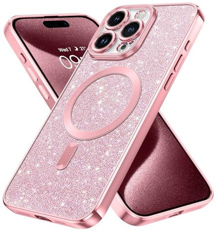 GaoBao iPhone 15 Pro Max Case, Slim Fit, Magnetic Sparkle Luxury Shockproof Anti-Slip Women's Bling Phone Cover for iPhone 15 Pro Max 6.7 2023, Pink