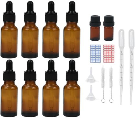 Reyshin 20ml Glass Dropper Bottles, 8 Pack Amber Glass Bottle with Dropper Pipettes Refillable Sample Dropper Bottle for Essential Oil Massage Aromatherapy Eye Drops (20ml amber)