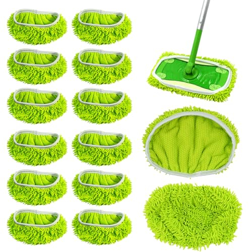12 PCS Chiffons De Sol Humides pour Swiffer, Lingettes Humides RéUtilisables en Chenille Verte, SerpillièRe Humide Et SèChe en Microfibre, AdaptéEs à Tous Types De Sols