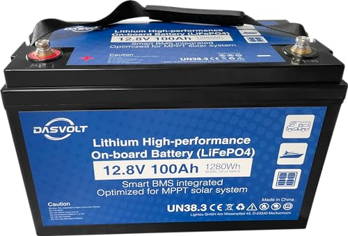 DASVOLT®, 12V 100Ah LiFePO4 Batterie mit BMS 1280Wh Deep Cycle Lithium Iron Phosphate Batterie für Wohnmobile, Home-Backup, Solarpanelsystem, Off-Grid, Marine IP65
