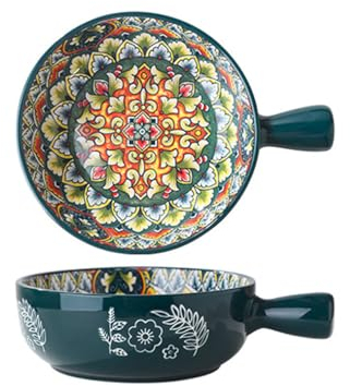 KKgud 1 Pack Hand-Painted Ceramic Serving Bowl with Handle, 6 Inches Round Salad Bowl - Bohemian Pattern (Green)