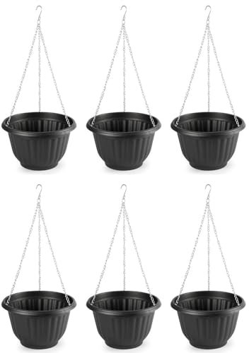Acan Tradineur - Pack de 6 macetas Redondas Colgantes, plástico, macetero, Tiesto, Recipiente para Plantas, Flores, balcón, terraza, hogar, Fabricada en España (Antracita - 25 x 15 cm)