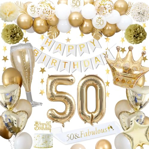 50 Geburtstagsdeko, gold 50 Geburtstag deko für Männer Frauen gold weiße Luftballons HAPPY BIRTHDAY Banner Nummer 50 Luftballons Krone Stern Herz Luftballons HAPPY 50th BIRTHDAY Kuchenaufsatz
