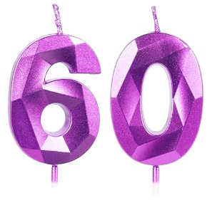 Purple 60th Birthday Candles for Cake, Number 60 Candle for 60th Birthday Decorations, 3D Design Cake Topper Decor for Boy Girl Women Men Birthday Theme Party Weddings Anniversary Celebration Supplies