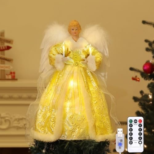 Lewondr Puntale per Albero di Natale, 12'' Angelo dell'Albero di Natale con 8 Luci, Delicata Treetop Albero con Statua di Angelo con Ali, Timer 6H Decorazione dell'Albero di Natale, Oro