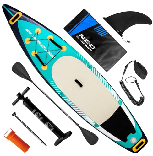 Neo-Sport Stand Up Paddle Board Mit SUP Zubehör Set Aufblasbares Board Für Stand-Up Paddling 350 x 81 x 15 cm Bis 150 kg Mit Handpumpe Paddel Rucksack Leash Flosse Reperaturset Reefbreak (170103)