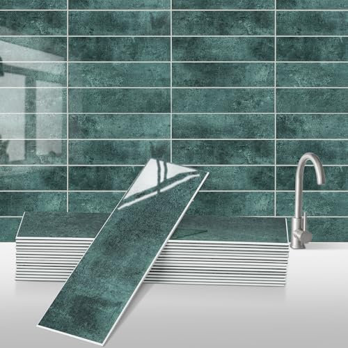 Peel and Stick Backsplash Wall Tile for Kitchen, 24-Sheet Subway Adhesive PVC Mosaic Tiles Decorative Backsplash Tiles Stick on Bathroom(Green)